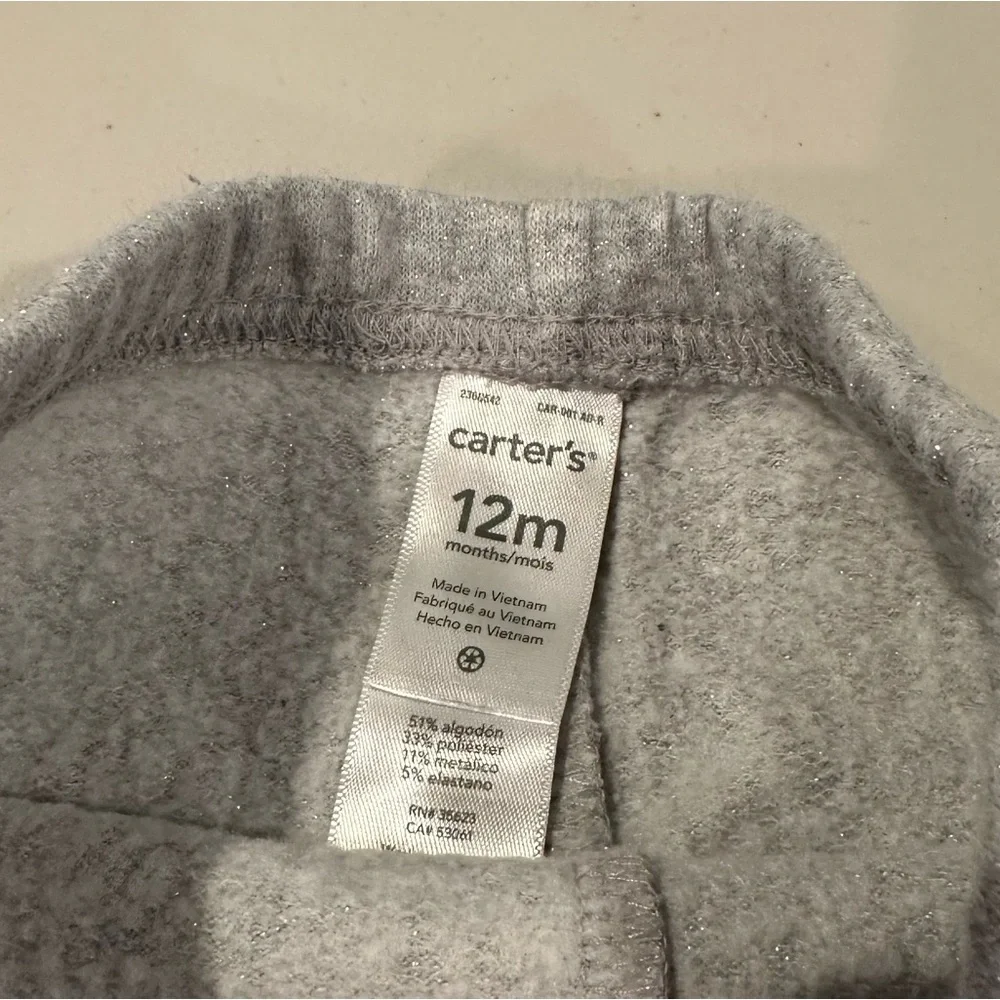 12 M Bundle Grey Sweater, Grey Sparkle Pants, Glitter Floral Long Sleeve Onesie